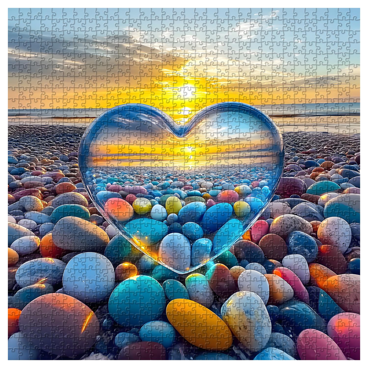 Crystal Heart 1000-Piece Jigsaw Puzzle – PICKFORU Summer Beach Sunset Scene for Adults