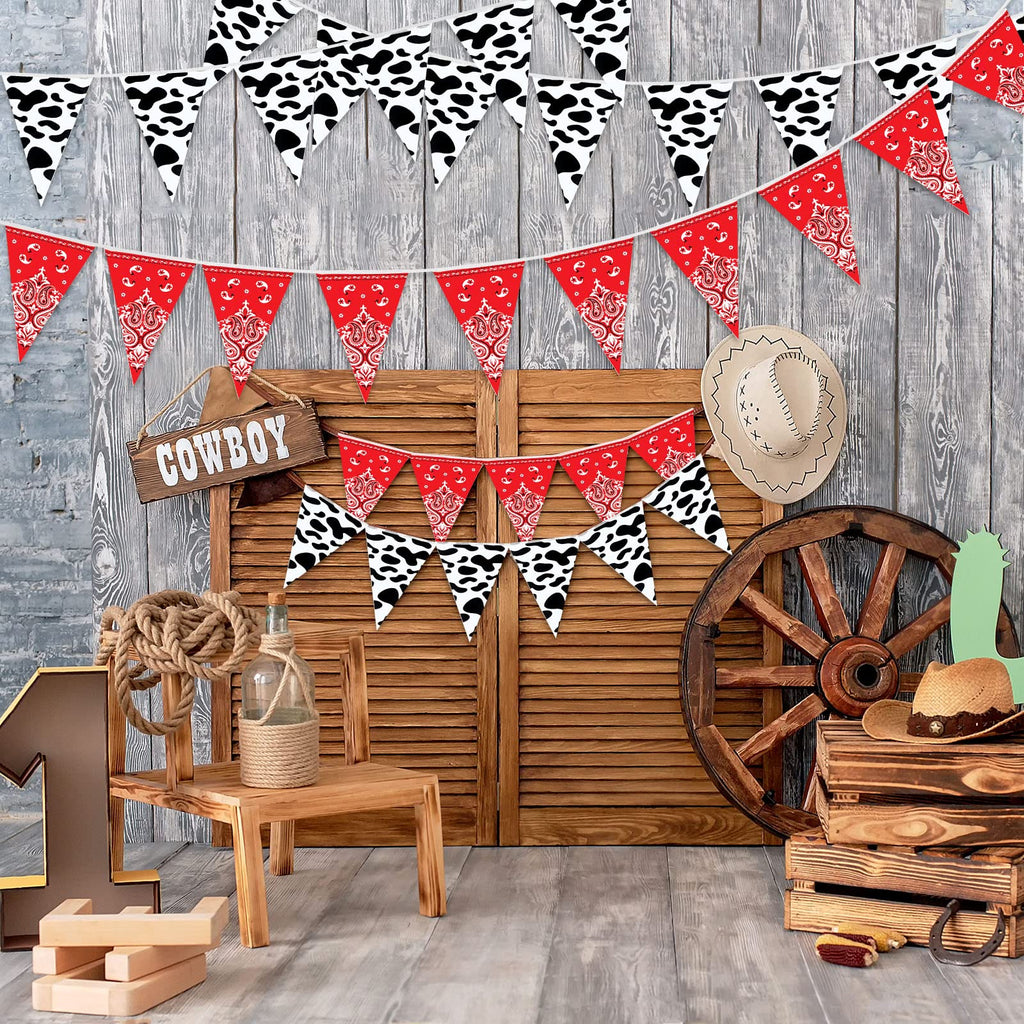 Ctosree 49 Ft Cow Print Bandana Pennant Banners – 5 Pack Western Cowboy Bunting for Farm Theme Party Decor (7.5 x 10.8 in Each)