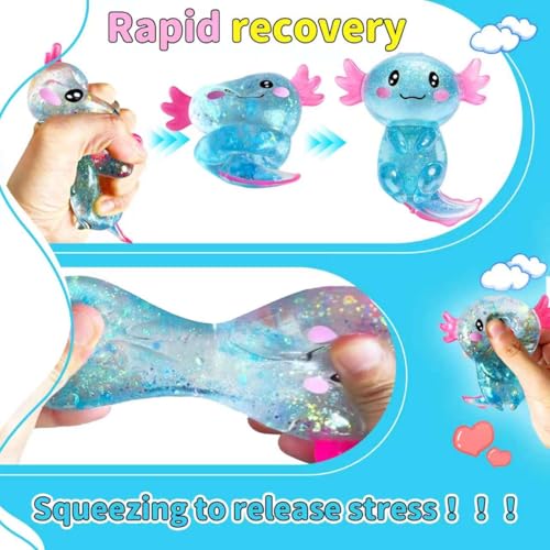 CUCURLE Glitter Axolotl Squishy Toy – Stretchy Sensory Stress Ball, Soft Fidget for Kids and Adults