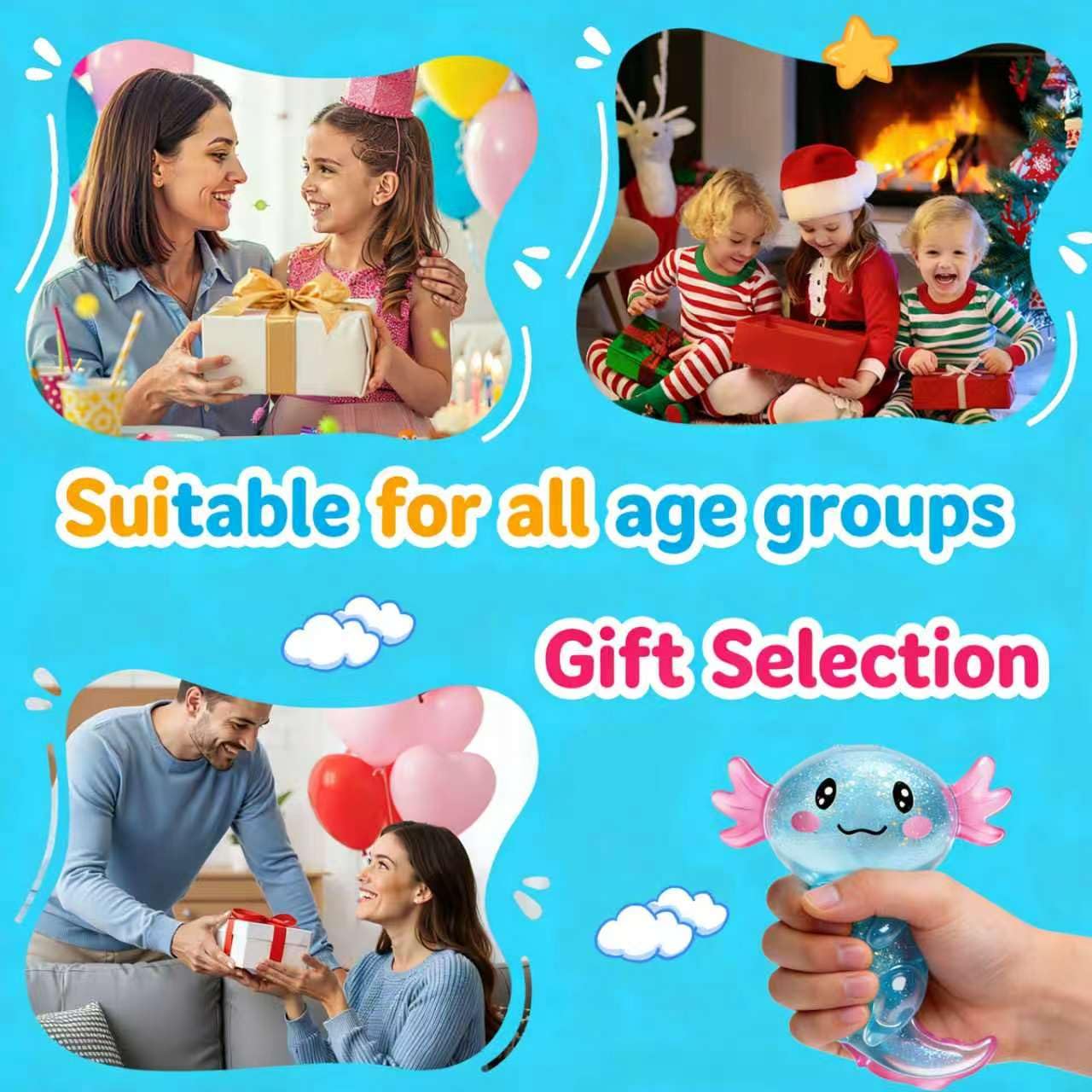CUCURLE Glitter Axolotl Squishy Toy – Stretchy Sensory Stress Ball, Soft Fidget for Kids and Adults