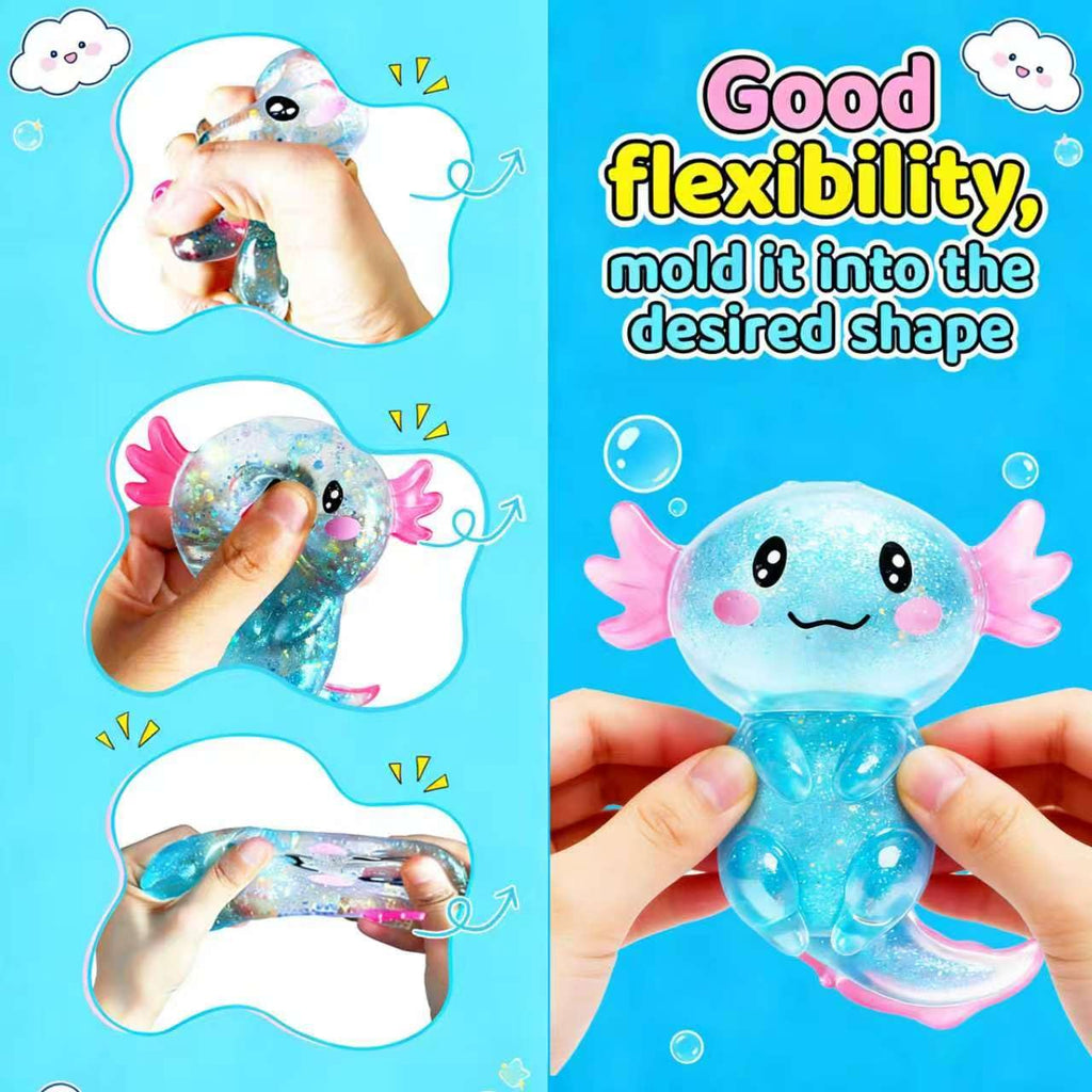 CUCURLE Glitter Axolotl Squishy Toy – Stretchy Sensory Stress Ball, Soft Fidget for Kids and Adults