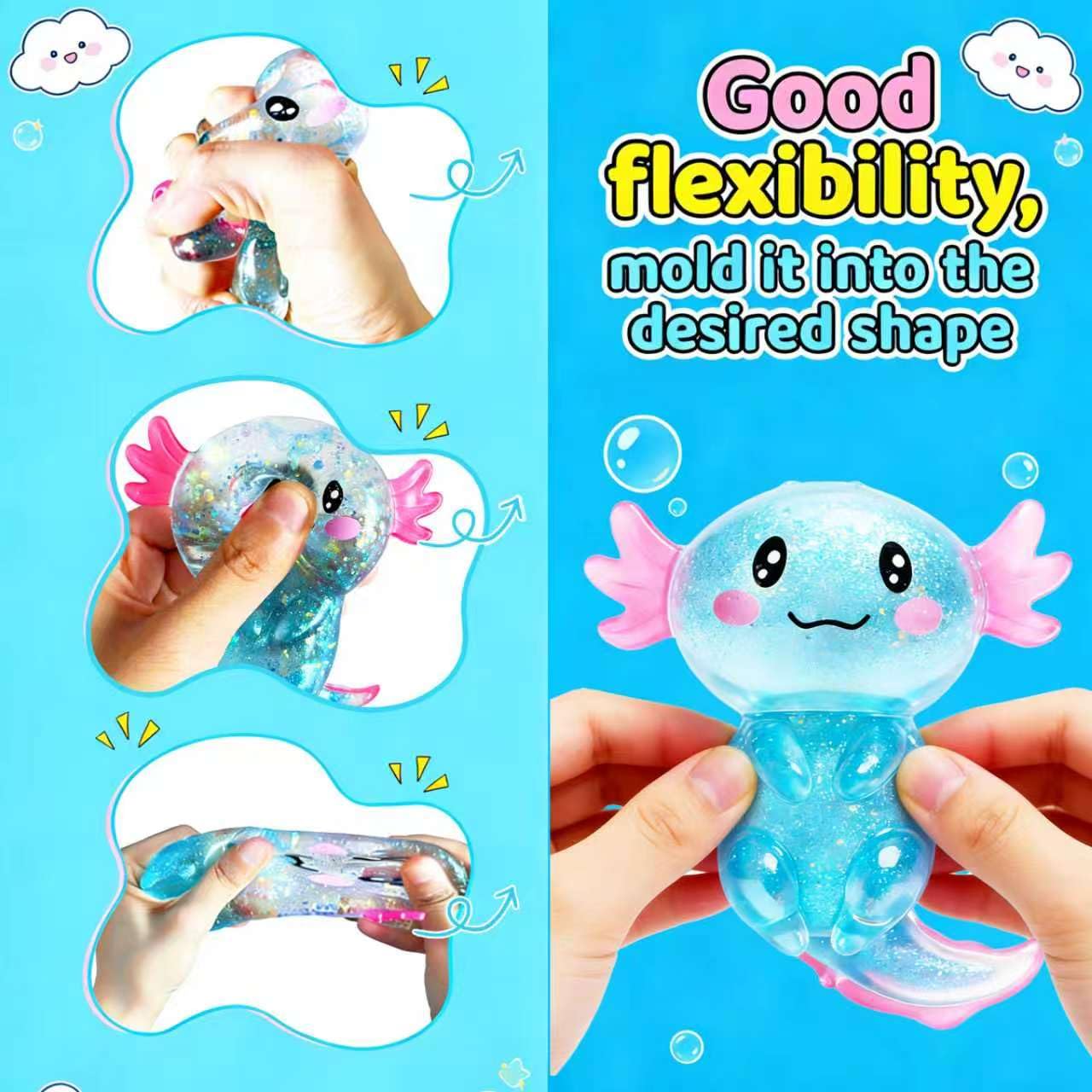 CUCURLE Glitter Axolotl Squishy Toy – Stretchy Sensory Stress Ball, Soft Fidget for Kids and Adults