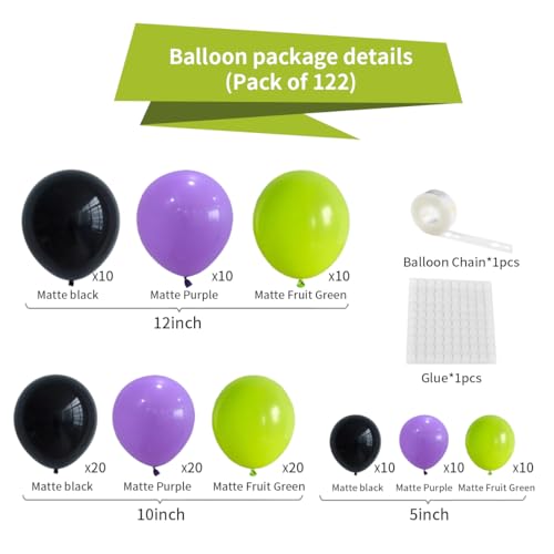 Cunnikku 122PCS Lime Green Purple Black Balloon Garland Kit for Party Decorations