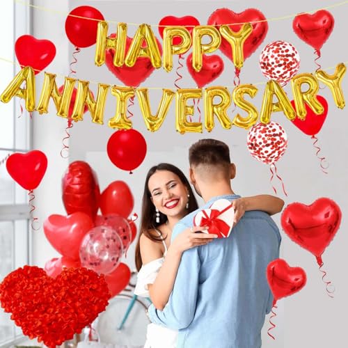 Cunnikku Red Heart Anniversary Balloon Set – 55 Pieces with Foil Balloons and Silk Rose Petals