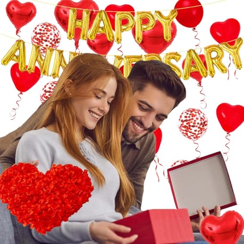Cunnikku Red Heart Anniversary Balloon Set – 55 Pieces with Foil Balloons and Silk Rose Petals