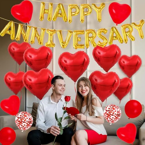 Cunnikku Red Heart Anniversary Balloon Set – 55 Pieces with Foil Balloons and Silk Rose Petals