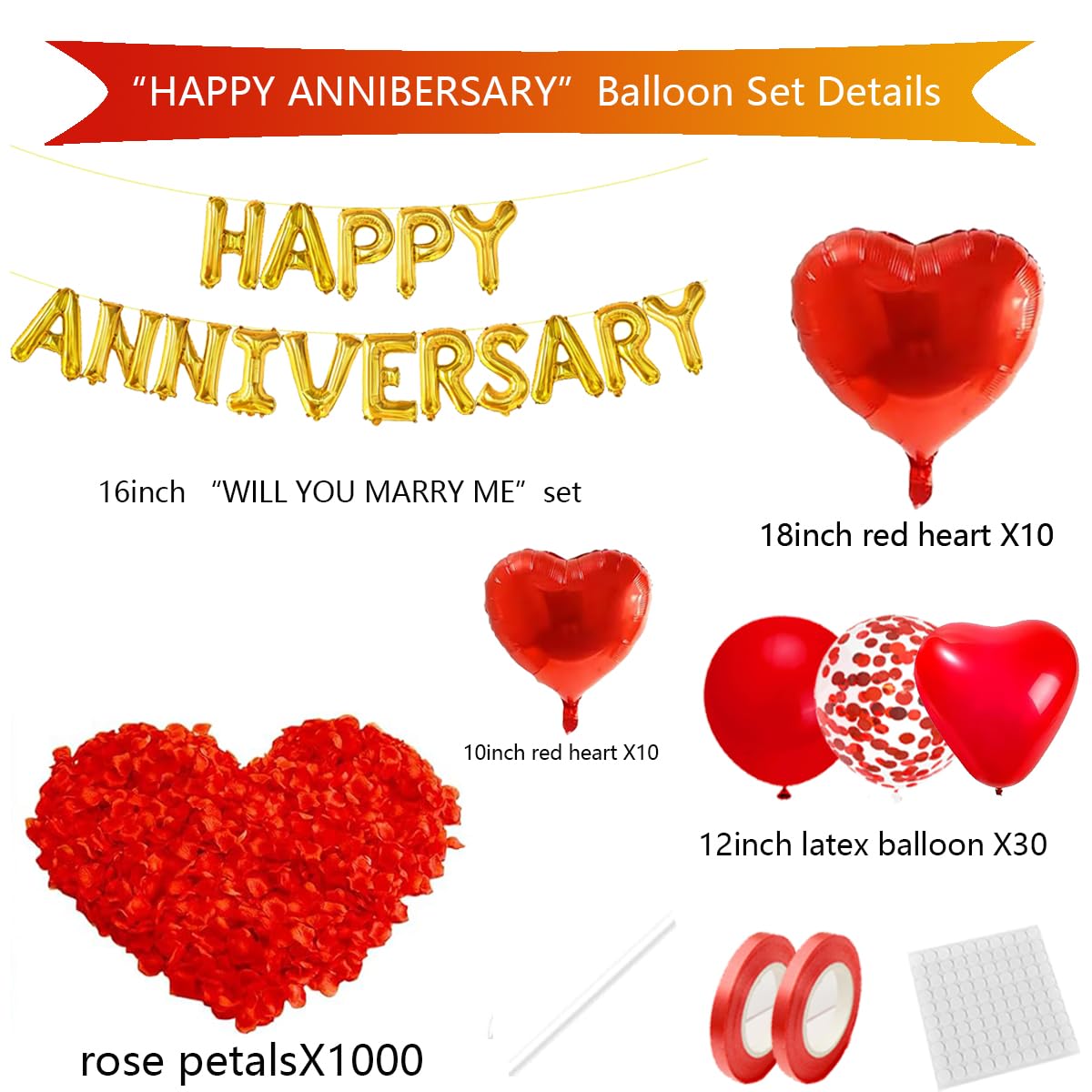 Cunnikku Red Heart Anniversary Balloon Set – 55 Pieces with Foil Balloons and Silk Rose Petals