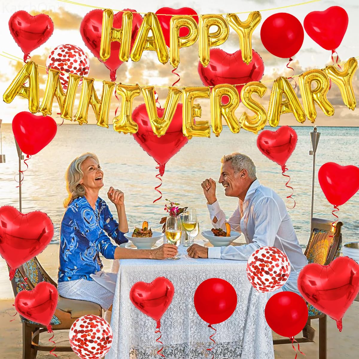Cunnikku Red Heart Anniversary Balloon Set – 55 Pieces with Foil Balloons and Silk Rose Petals