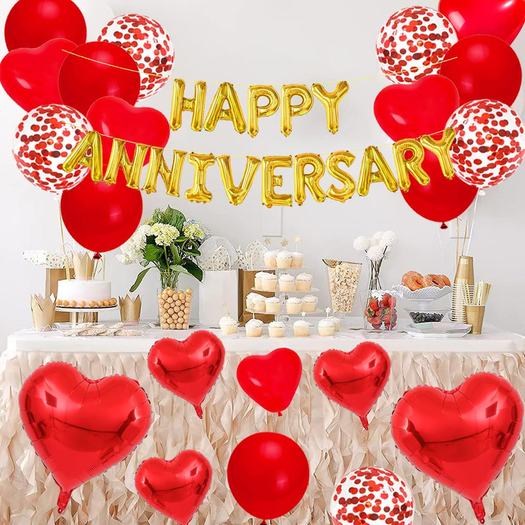 Cunnikku Red Heart Anniversary Balloon Set – 55 Pieces with Foil Balloons and Silk Rose Petals