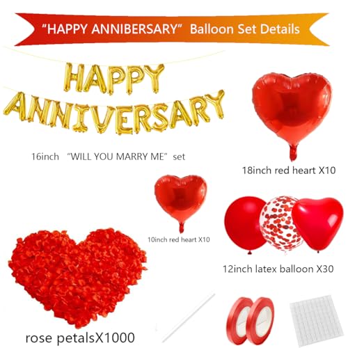 Cunnikku Red Heart Anniversary Balloon Set – 55 Pieces with Foil Balloons and Silk Rose Petals