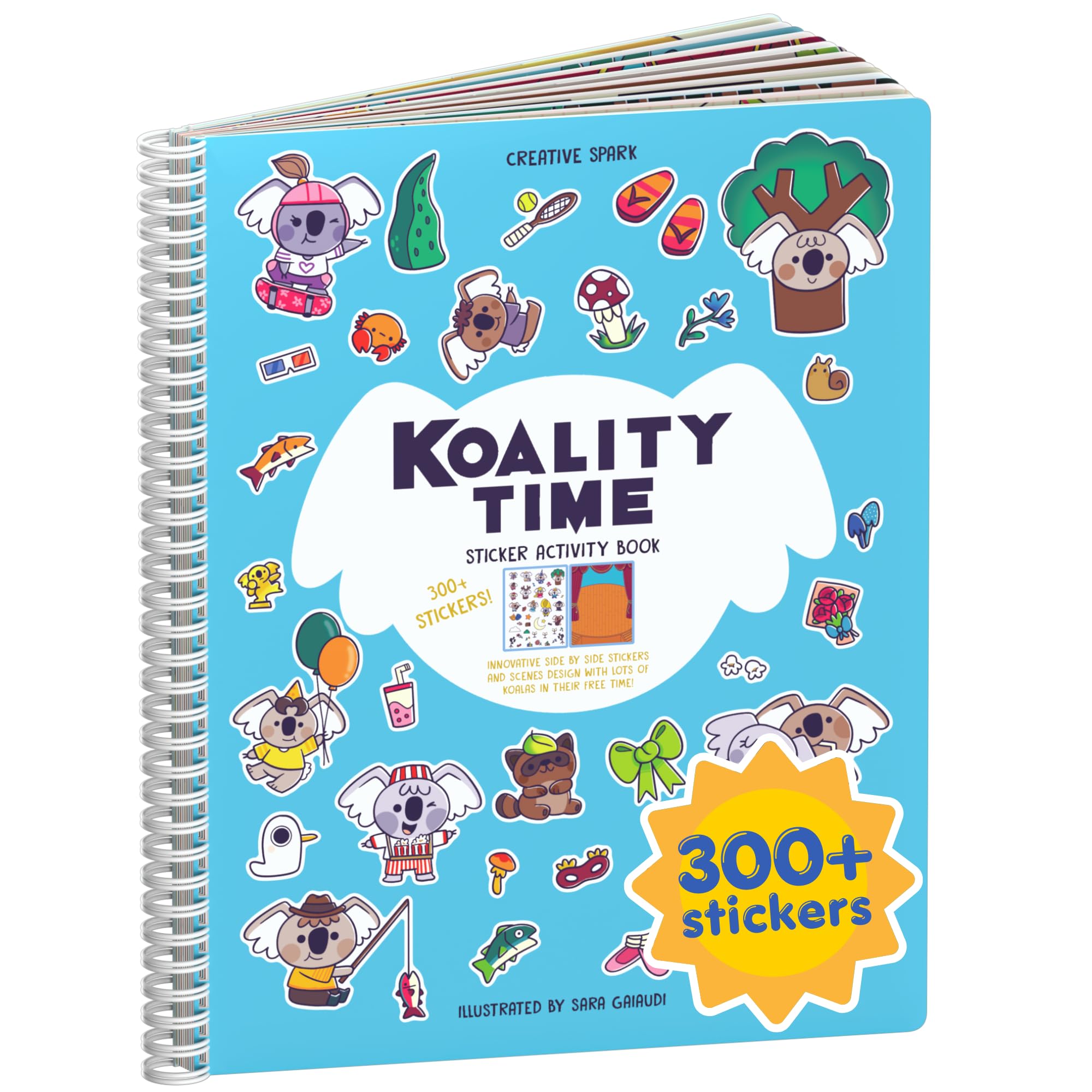 CUPKIN Koality Time Sticker Book for Kids – 300+ Stickers, 8 Scenes, 8 Coloring Pages, Spiral Bound, Ages 2-8