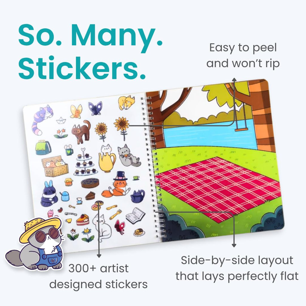 CUPKIN Land of Cats Sticker Book for Kids - 300+ Stickers, 8 Coloring Pages, Spiral Bound Road Trip Activity Ages 2-8