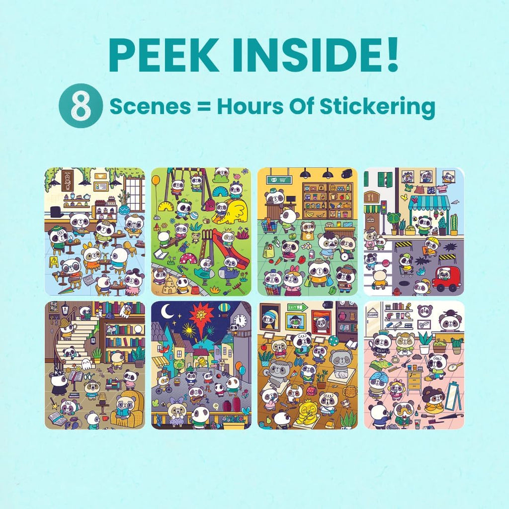 CUPKIN Panda Town Sticker Book for Kids: 300+ Reusable Stickers, 8 Scenes & 8 Coloring Pages, Spiral-Bound Activity Set for Ages 2–8