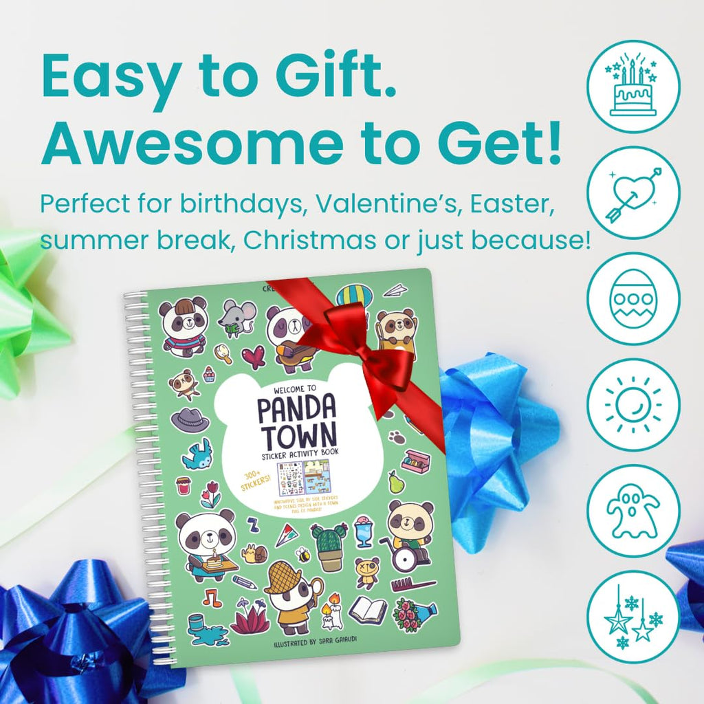 CUPKIN Panda Town Sticker Book for Kids: 300+ Reusable Stickers, 8 Scenes & 8 Coloring Pages, Spiral-Bound Activity Set for Ages 2–8
