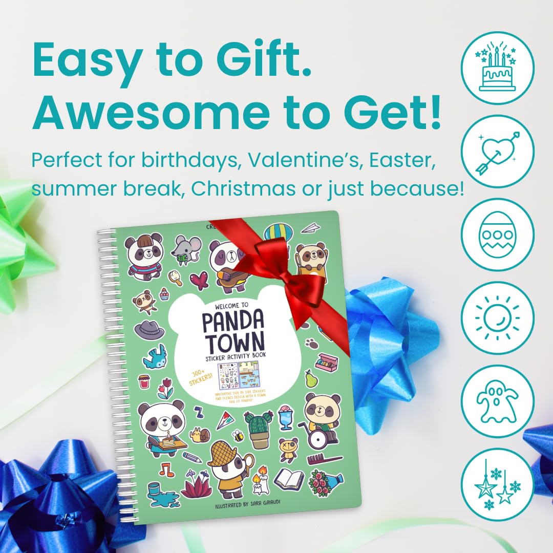 CUPKIN Panda Town Sticker Book for Kids: 300+ Reusable Stickers, 8 Scenes & 8 Coloring Pages, Spiral-Bound Activity Set for Ages 2–8