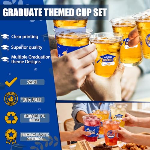 CUPLOOV 50 Pack 16 oz Blue & Gold Graduation Cups - Class of 2026 Disposable Party Cups
