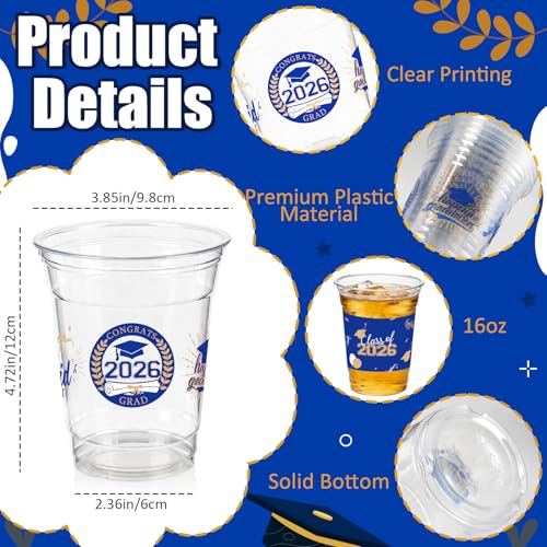 CUPLOOV 50 Pack 16 oz Blue & Gold Graduation Cups - Class of 2026 Disposable Party Cups