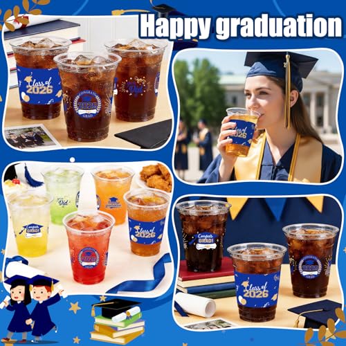 CUPLOOV 50 Pack 16 oz Blue & Gold Graduation Cups - Class of 2026 Disposable Party Cups