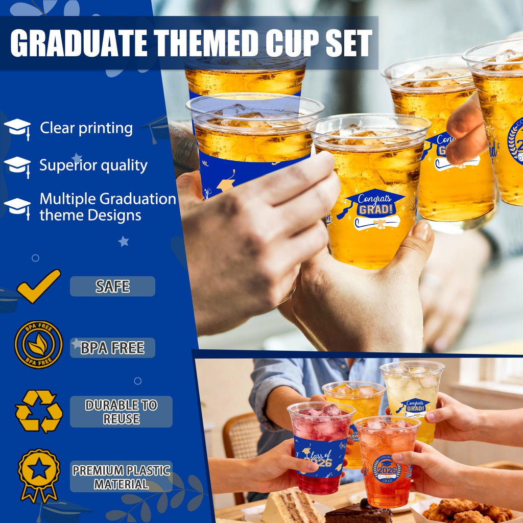CUPLOOV 50 Pack 16 oz Blue & Gold Graduation Cups - Class of 2026 Disposable Party Cups