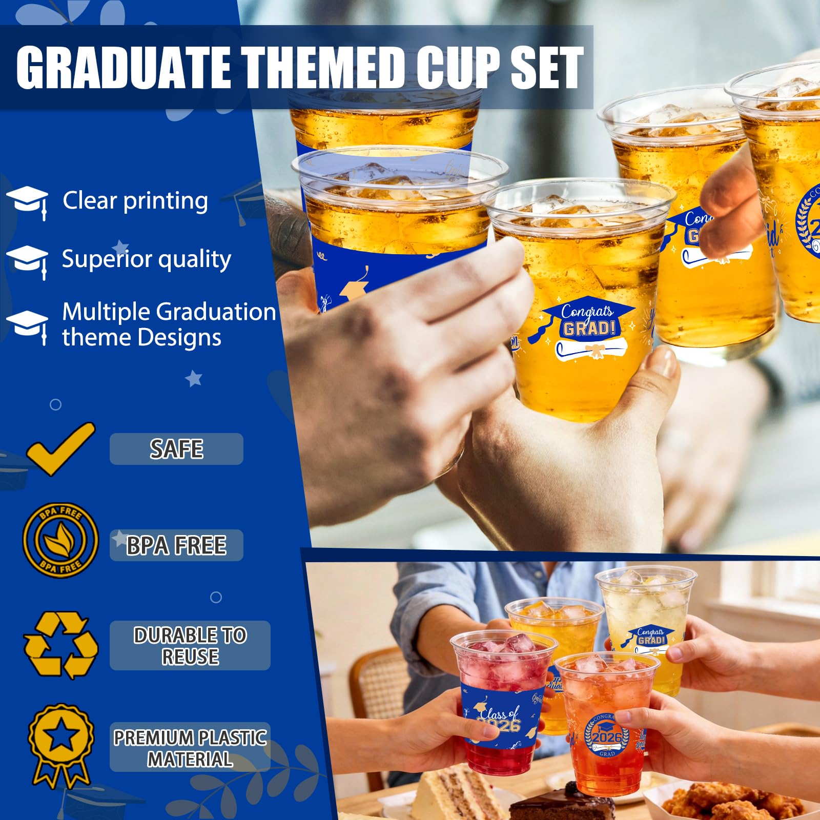 CUPLOOV 50 Pack 16 oz Blue & Gold Graduation Cups - Class of 2026 Disposable Party Cups