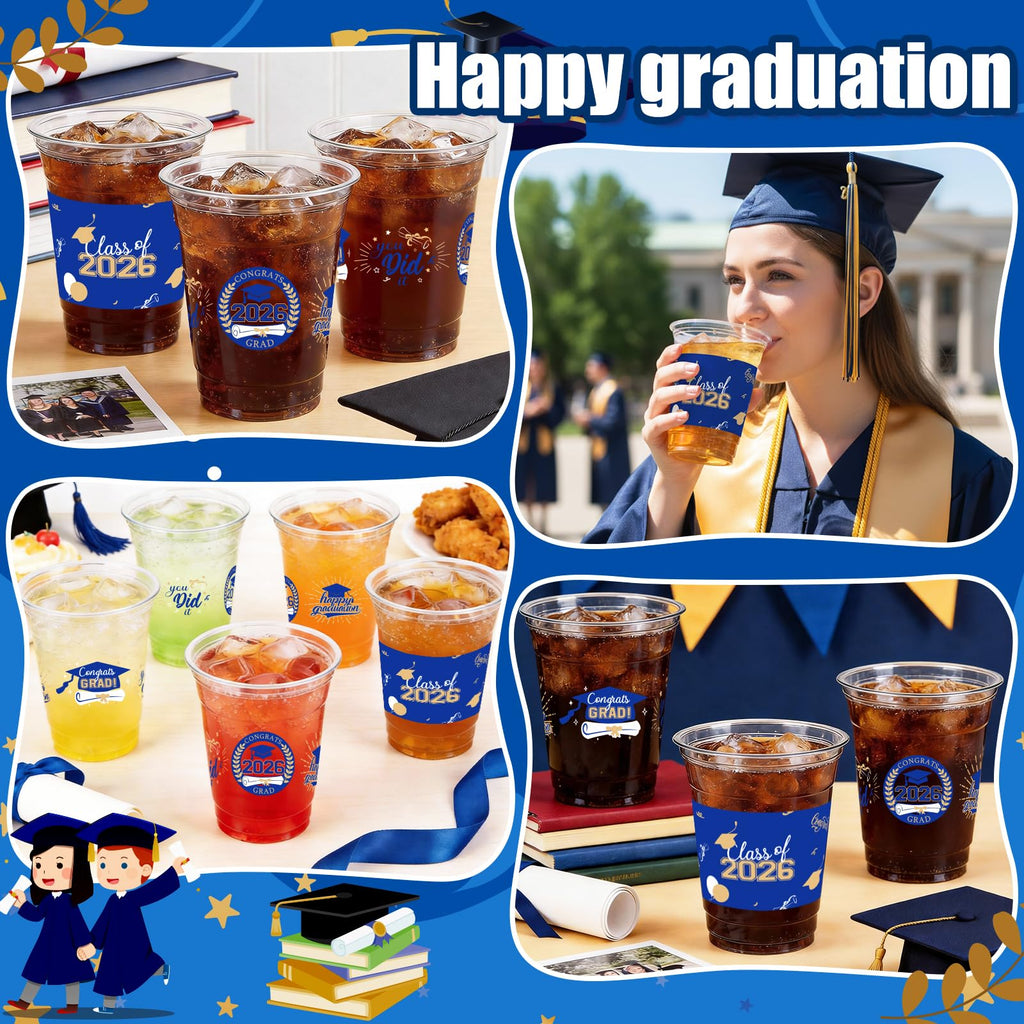 CUPLOOV 50 Pack 16 oz Blue & Gold Graduation Cups - Class of 2026 Disposable Party Cups