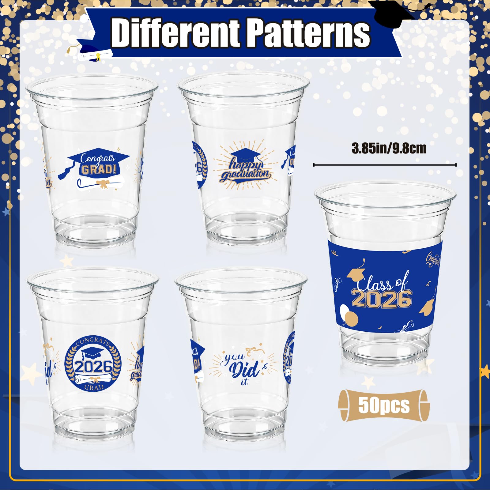 CUPLOOV 50 Pack 16 oz Blue & Gold Graduation Cups - Class of 2026 Disposable Party Cups