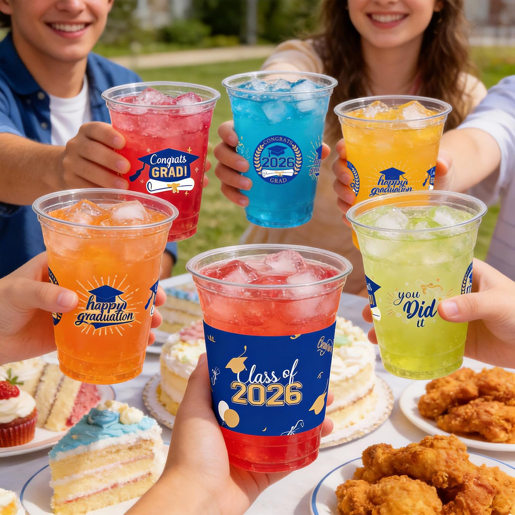 CUPLOOV 50 Pack 16 oz Blue & Gold Graduation Cups - Class of 2026 Disposable Party Cups