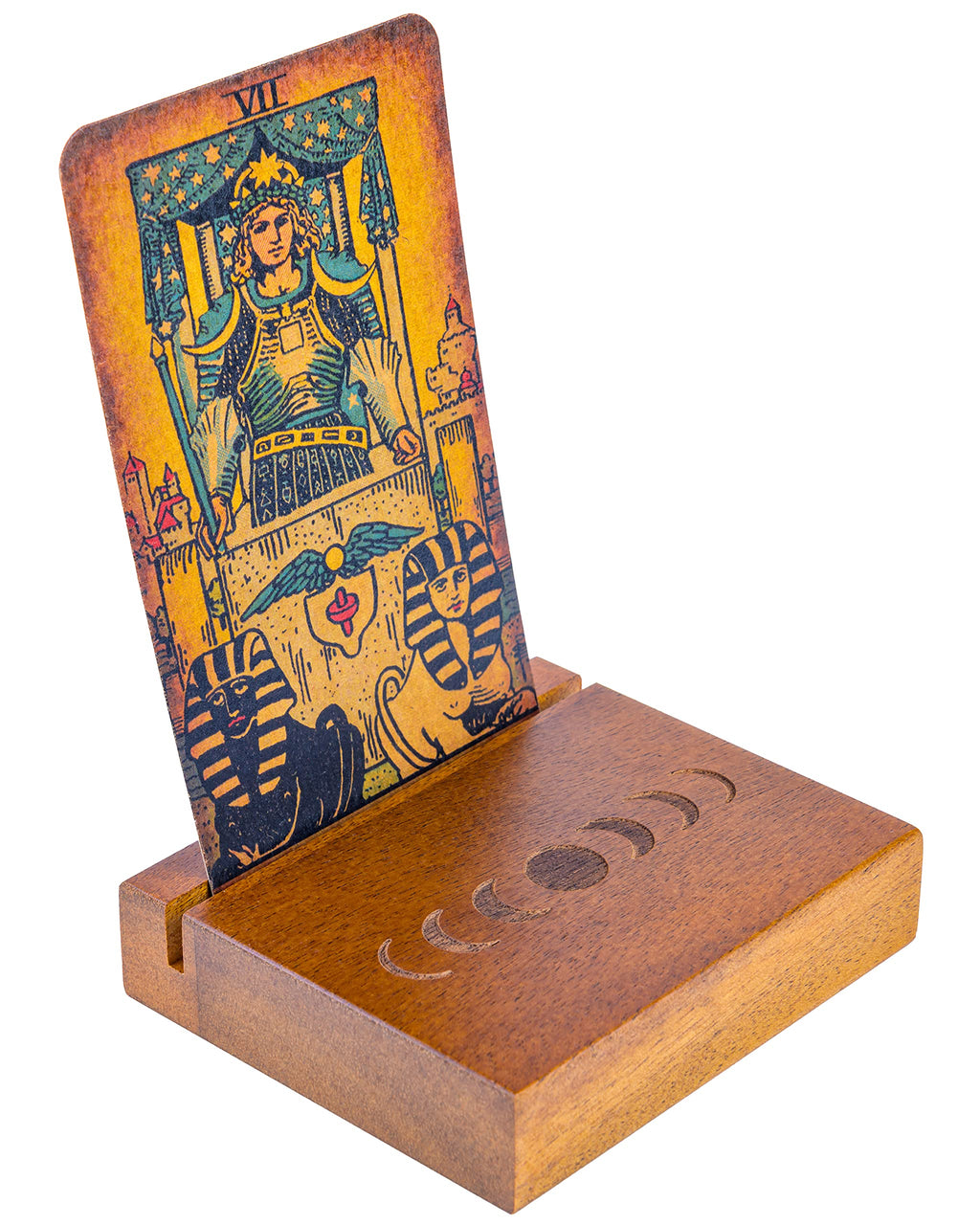 Curawood Wooden Tarot Card Holder Stand – Moon Phase Engraved, 1-Card Display