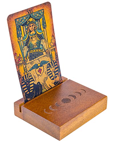 Curawood Wooden Tarot Card Holder Stand – Moon Phase Engraved, 1-Card Display