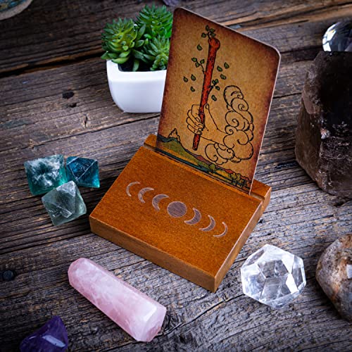 Curawood Wooden Tarot Card Holder Stand – Moon Phase Engraved, 1-Card Display