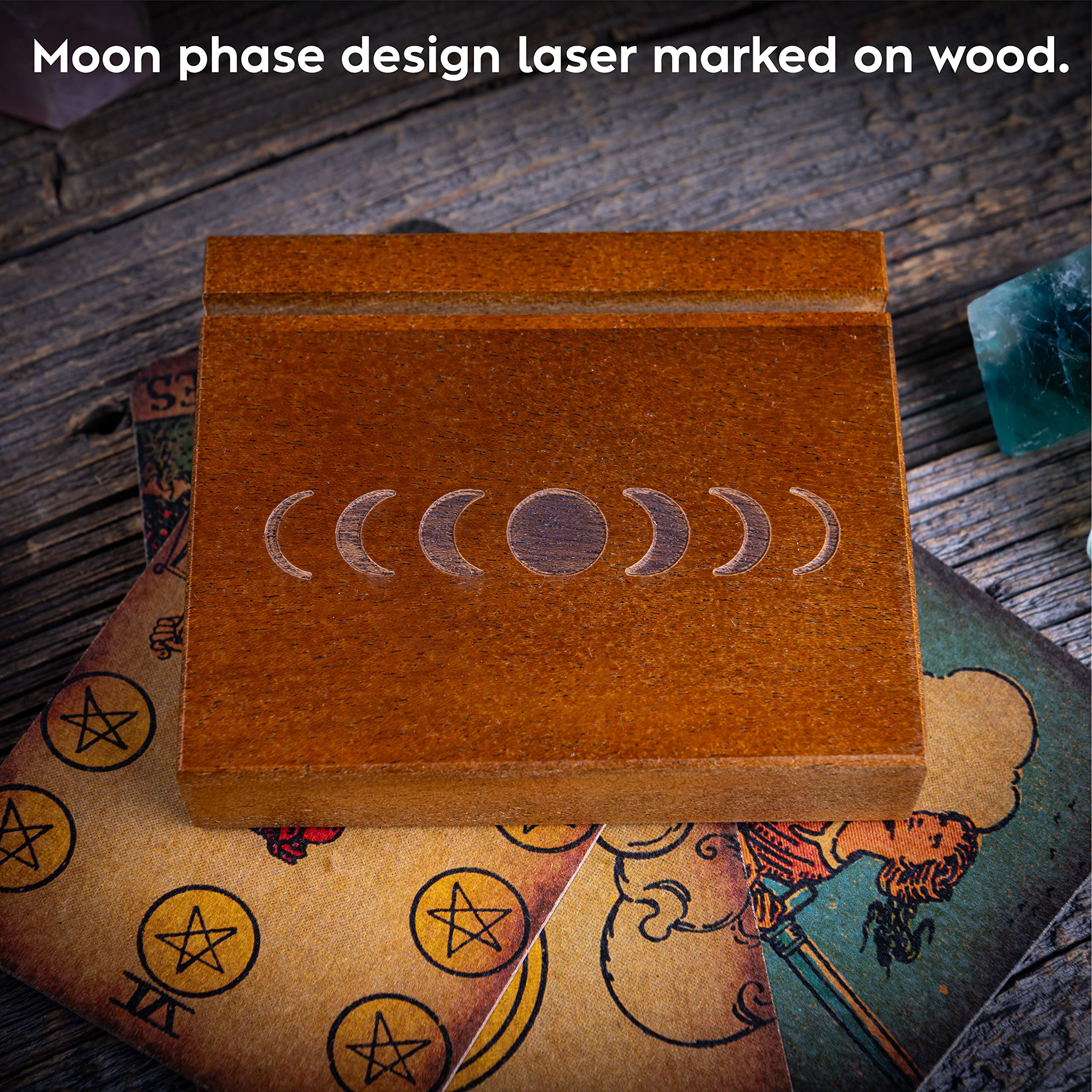 Curawood Wooden Tarot Card Holder Stand – Moon Phase Engraved, 1-Card Display