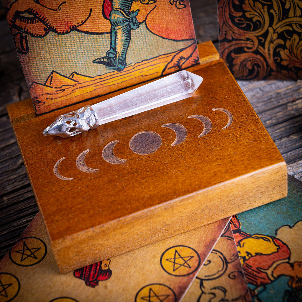 Curawood Wooden Tarot Card Holder Stand – Moon Phase Engraved, 1-Card Display
