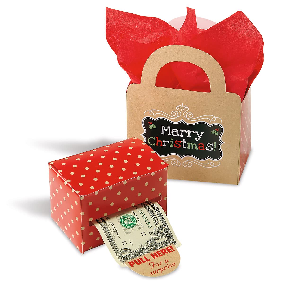 Current Kraft Christmas Money Dispenser and Gift Set – Red Polka Dot Cash Surprise Box with Gift Bag, 60 Seals