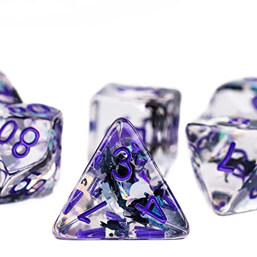 Cusdie 7-Die DND Dice Set – Transparent Resin Polyhedral Dice with Glitter Cat Inclusions (Black and White Cat, Purple Ink)