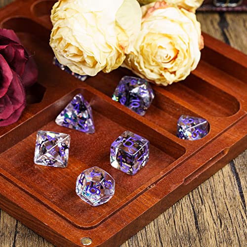 Cusdie 7-Die DND Dice Set – Transparent Resin Polyhedral Dice with Glitter Cat Inclusions (Black and White Cat, Purple Ink)