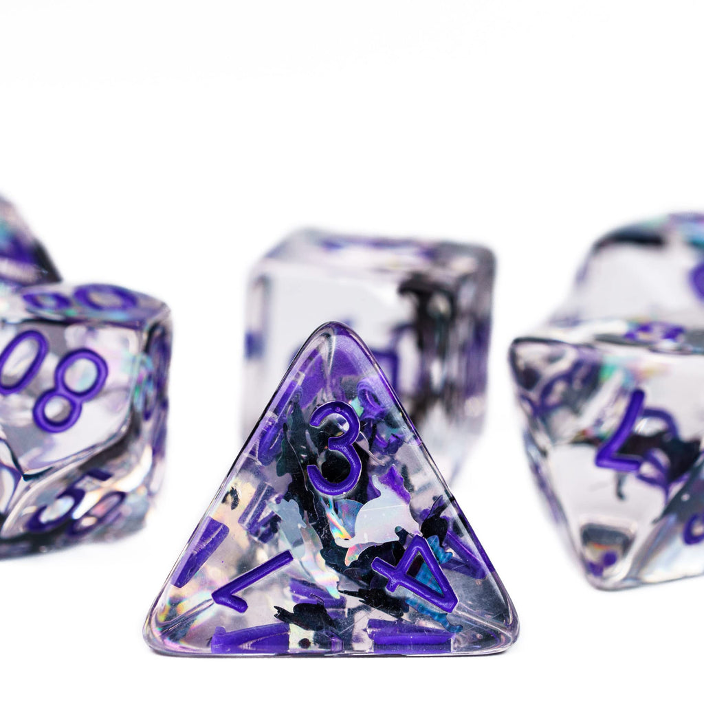 Cusdie 7-Die DND Dice Set – Transparent Resin Polyhedral Dice with Glitter Cat Inclusions (Black and White Cat, Purple Ink)