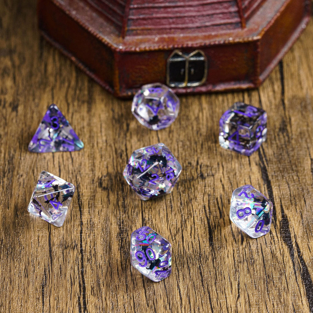 Cusdie 7-Die DND Dice Set – Transparent Resin Polyhedral Dice with Glitter Cat Inclusions (Black and White Cat, Purple Ink)
