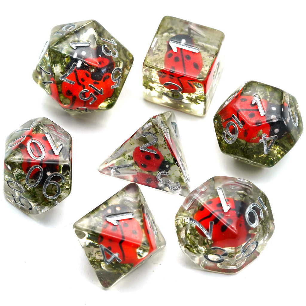 Cusdie 7-Die DND Dice Set with Ladybug Inside - Polyhedral Resin Dice for RPG