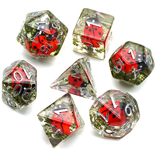 Cusdie 7-Die DND Dice Set with Ladybug Inside - Polyhedral Resin Dice for RPG
