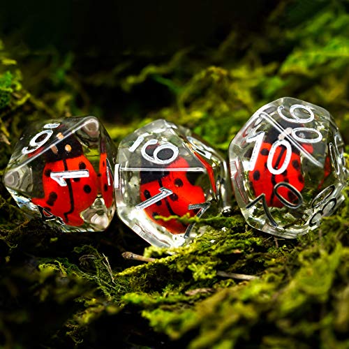 Cusdie 7-Die DND Dice Set with Ladybug Inside - Polyhedral Resin Dice for RPG