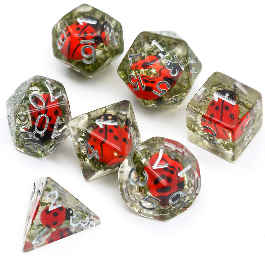 Cusdie 7-Die DND Dice Set with Ladybug Inside - Polyhedral Resin Dice for RPG