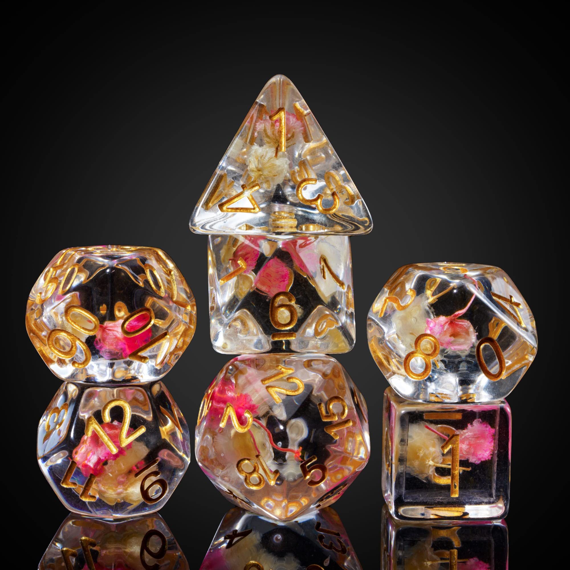 Cusdie 7-Die DND Dice Set with Real Flower Filling – Rose/White with Golden Numbers
