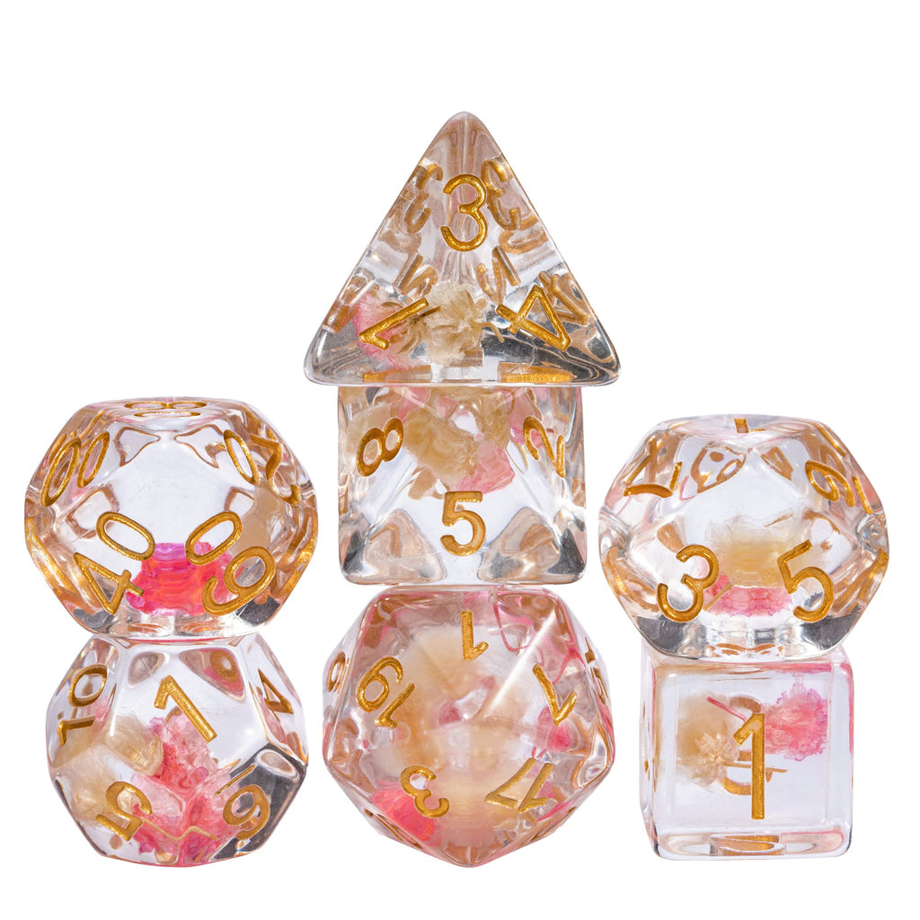 Cusdie 7-Die DND Dice Set with Real Flower Filling – Rose/White with Golden Numbers