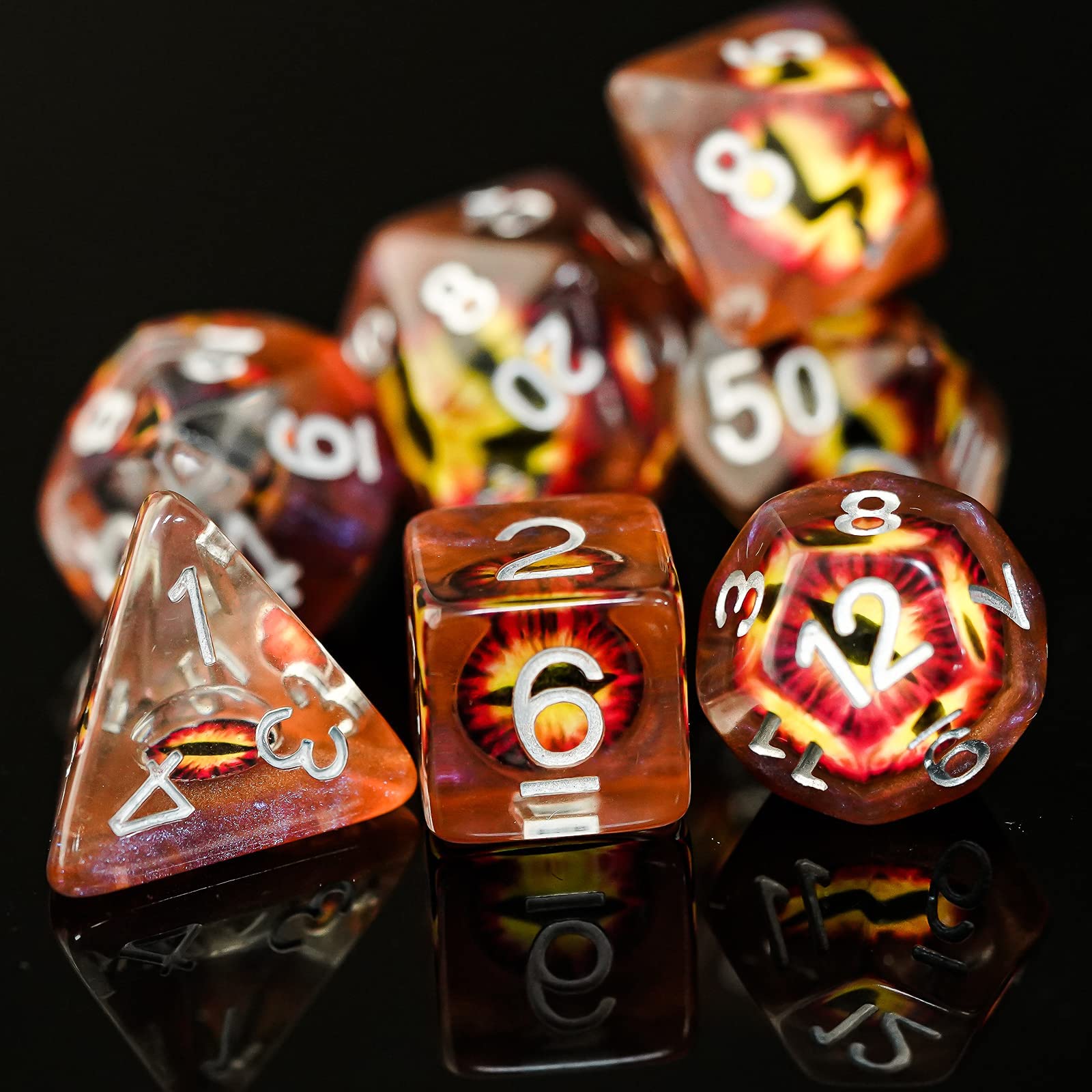 Cusdie 7-Piece D&D Dice Set with Embedded Eyeball – Brown Eyeball Resin Polyhedral Dice for RPGs
