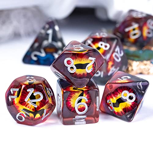 Cusdie 7-Piece D&D Dice Set with Embedded Eyeball – Brown Eyeball Resin Polyhedral Dice for RPGs