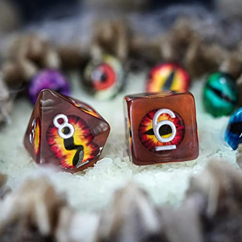 Cusdie 7-Piece D&D Dice Set with Embedded Eyeball – Brown Eyeball Resin Polyhedral Dice for RPGs