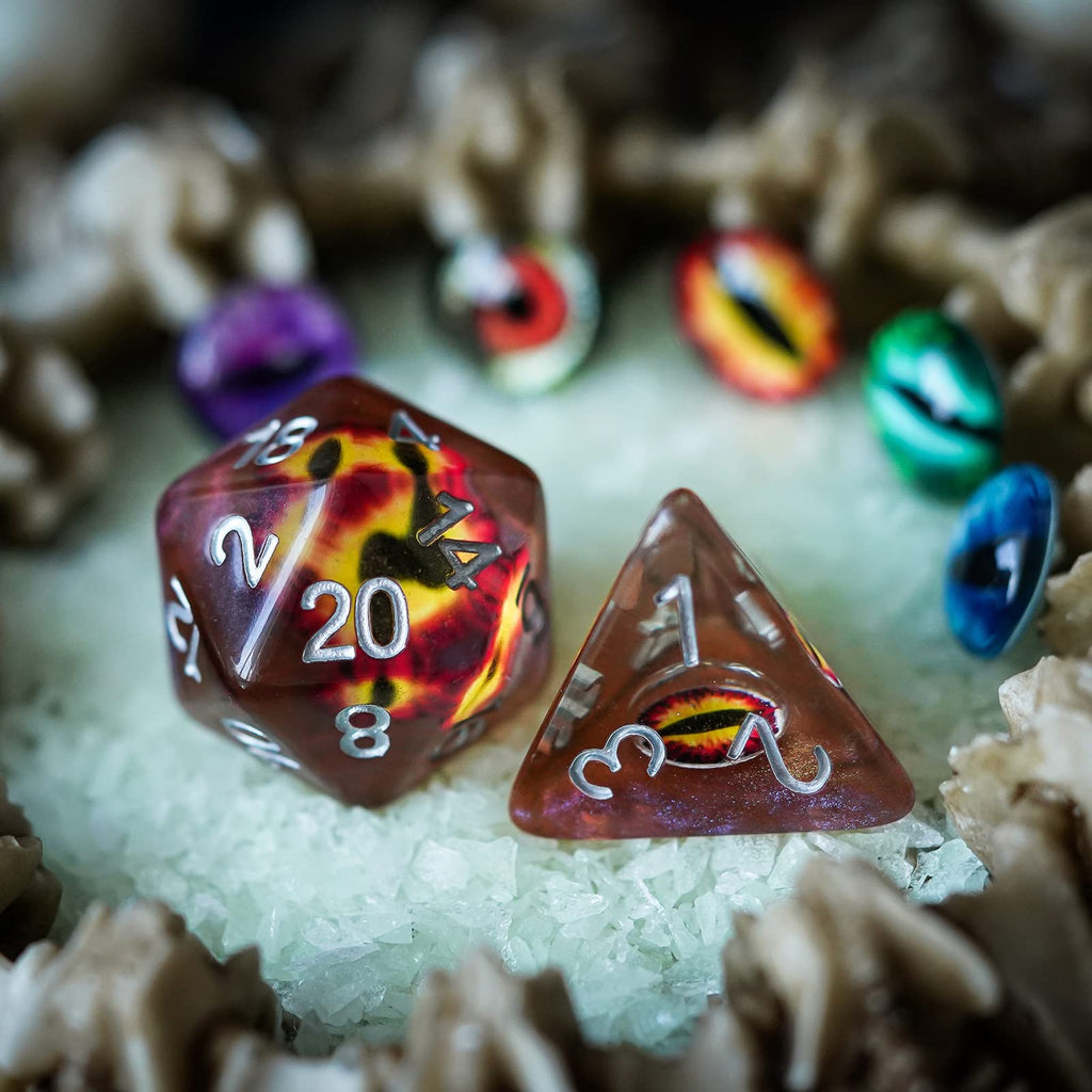 Cusdie 7-Piece D&D Dice Set with Embedded Eyeball – Brown Eyeball Resin Polyhedral Dice for RPGs