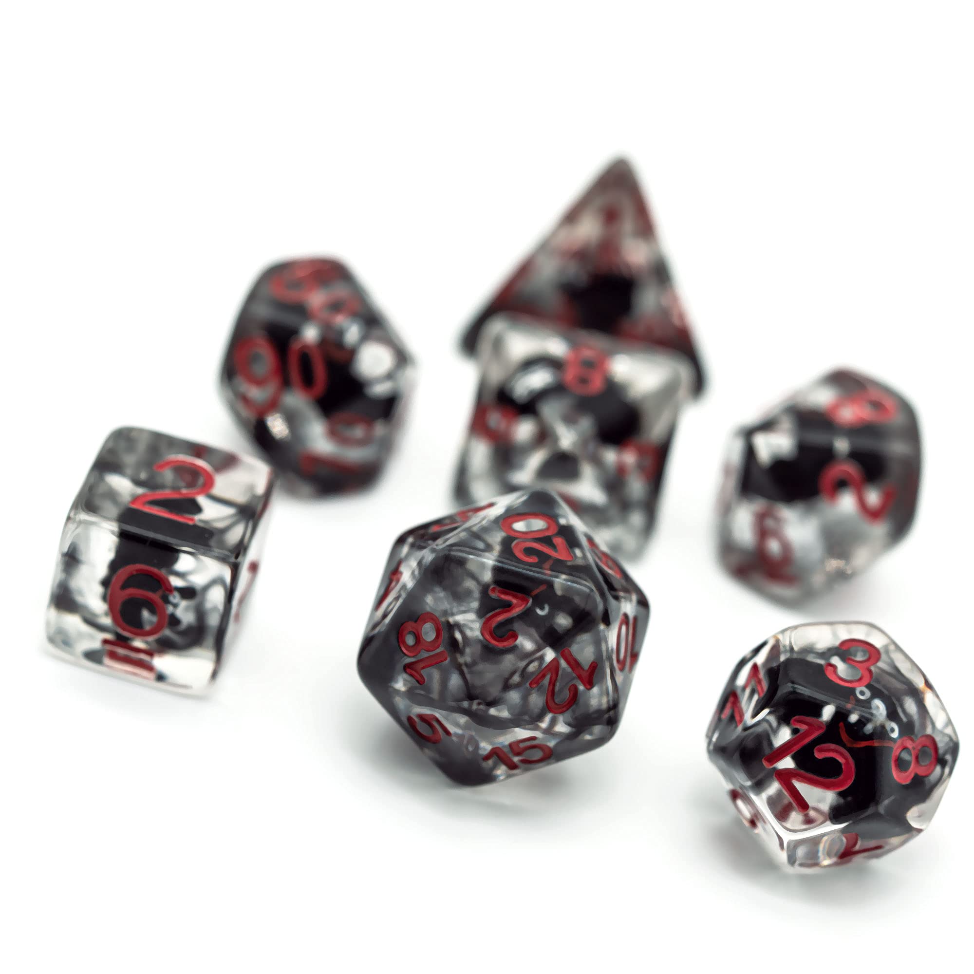Cusdie Bat-Filled Resin D&D Dice Set – 7 Polyhedral Dice with Red Numbers