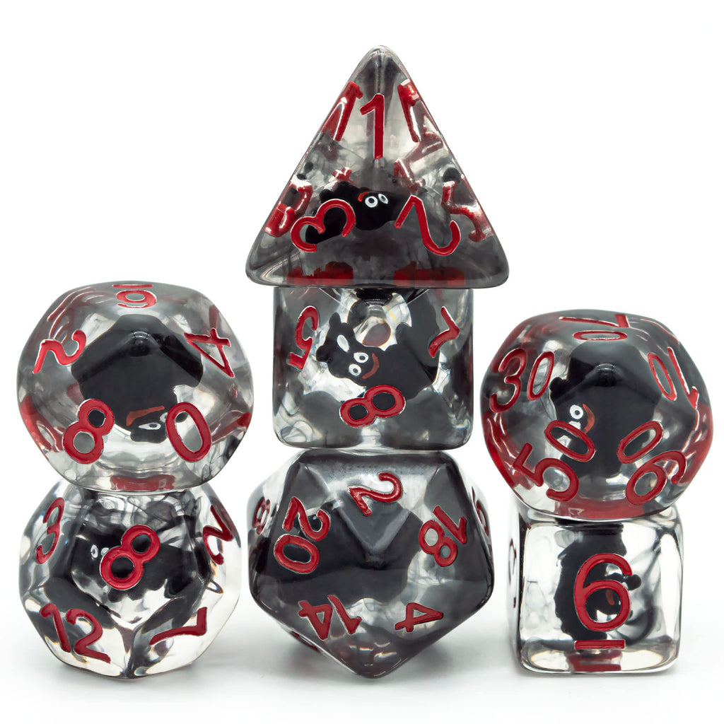 Cusdie Bat-Filled Resin D&D Dice Set – 7 Polyhedral Dice with Red Numbers
