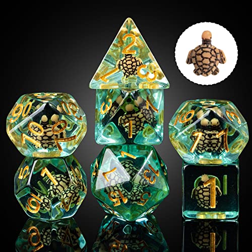 Cusdie Brown Turtle DND Dice Set – 7 Polyhedral Dice with Animal Inside